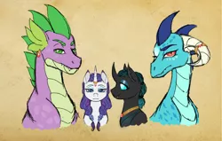 Size: 1632x1040 | Tagged: safe, artist:miyathegoldenflower, derpibooru import, princess ember, rarity, spike, thorax, alternate hairstyle, alternate universe, bisexual, braid, bust, ear piercing, earring, emberity, emberspike, embrax, female, gay, horn ring, interspecies, jewelry, lesbian, looking at you, male, necklace, older, older ember, older spike, ot4, piercing, polyamory, rarax, shipping, sparity, spembrax, spike gets all the mares, straight, thoraxspike