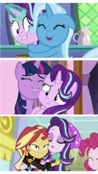 Size: 944x1678 | Tagged: safe, derpibooru import, screencap, pinkie pie, starlight glimmer, sunset shimmer, trixie, twilight sparkle, twilight sparkle (alicorn), alicorn, a royal problem, all bottled up, equestria girls, mirror magic, spoiler:eqg specials, comparison, hug