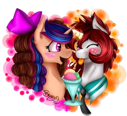 Size: 1541x1410 | Tagged: safe, artist:shamy-crist, derpibooru import, oc, unofficial characters only, pony, unicorn, bow, bust, female, food, hair bow, heart eyes, ice cream, magic, mare, portrait, simple background, tongue out, transparent background, wingding eyes
