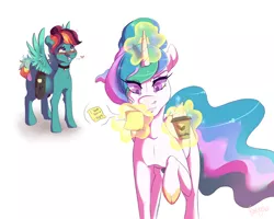 Size: 1280x1024 | Tagged: safe, artist:qatsby, derpibooru import, princess celestia, oc, oc:zipper breeze, pegasus, pony, blushing, blushing profusely, cloven hooves, coffee, coffee cup, crush, cup, female, heart, heart eyes, levitation, love note, magic, mare, misspelling, offspring, one sided shipping, parent:rainbow dash, parent:zephyr breeze, parents:zephdash, raised hoof, simple background, spread wings, telekinesis, white background, wingboner, wingding eyes, wings