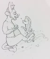 Size: 2801x3295 | Tagged: artist:qatsby, cup, cute, derpibooru import, eyes closed, female, fluttershy, heart, ironshy, iron will, male, monochrome, pencil drawing, safe, shipping, straight, teacup, traditional art, willabetes