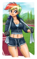 Size: 998x1600 | Tagged: abs, artist:king-kakapo, belly button, blue hair, breasts, cleavage, clothes, cloud, cutie mark, day, derpibooru import, female, fingerless gloves, gloves, grass, green hair, human, humanized, jacket, light skin, looking at you, midriff, multicolored hair, orange hair, outdoors, purple hair, rainbow dash, red hair, running track, safe, short hair, shorts, signature, sky, smiling, solo, thighs, towel, tree, yellow hair, zipper