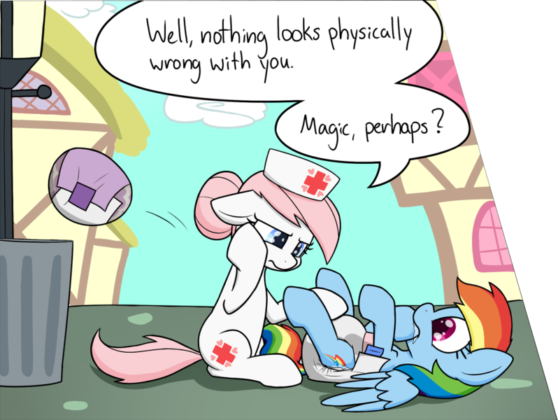 Size: 1020x767 | Tagged: artist:skitter, cropped, derpibooru import, dialogue, diaper, diaper change, diaper fetish, drool, fetish, hoof sucking, mental regression, messy diaper, nurse redheart, poofy diaper, poop, poopy diaper, questionable, rainbow dash, trash can, used diaper