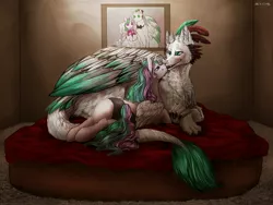 Size: 2291x1721 | Tagged: artist needed, source needed, safe, derpibooru import, princess celestia, oc, oc:arculascrain, alicorn, pony, bed, bedroom eyes, bouquet, canon x oc, celescrain, clothes, dress, eye contact, female, frilly underwear, hoof hold, interspecies, looking at each other, mare, open mouth, panties, prone, shipping, smiling, underwear, wedding dress, wedding photo