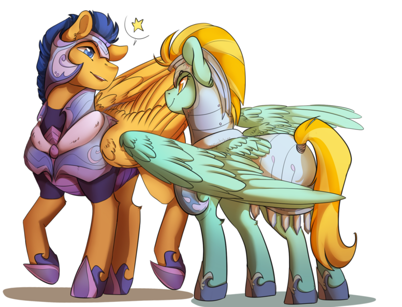 Size: 1700x1300 | Tagged: safe, artist:yuyusunshine, derpibooru import, flash sentry, lightning dust, pegasus, pony, fanfic, brother and sister, fanfic art, female, guardsmare, headcanon, helmet, looking at each other, male, mare, royal guard, siblings, simple background, smiling, stallion, transparent background