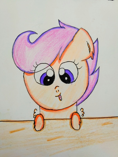 Size: 3120x4160 | Tagged: safe, artist:sumi-mlp25, derpibooru import, scootaloo, pegasus, pony, colored pencil drawing, cute, cutealoo, female, filly, silly, silly filly, silly pony, simple background, solo, tongue out, traditional art, white background