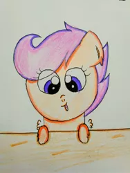 Size: 3120x4160 | Tagged: safe, artist:sumi-mlp25, derpibooru import, scootaloo, pegasus, pony, colored pencil drawing, cute, cutealoo, female, filly, silly, silly filly, silly pony, simple background, solo, tongue out, traditional art, white background