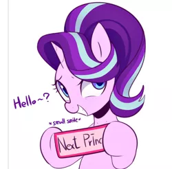 Size: 1500x1474 | Tagged: safe, artist:maren, derpibooru import, starlight glimmer, pony, unicorn, ask glim glam, cute, female, glimmerbetes, grin, hair over one eye, hello, hoof hold, looking at you, mare, sign, simple background, smiling, solo, squee, underhoof, white background
