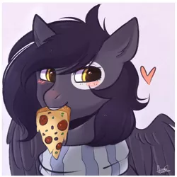 Size: 3000x3000 | Tagged: safe, artist:pesty_skillengton, derpibooru import, oc, unofficial characters only, pegasus, pony, clothes, commission, cute, female, food, heart, meat, mouth hold, pepperoni, pepperoni pizza, pizza, ponies eating meat, scarf, solo, spotlight