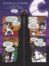 Size: 768x1024 | Tagged: safe, artist:andypriceart, derpibooru import, idw, glenda, raven, twilight sparkle, twilight sparkle (alicorn), alicorn, gryphon, pony, unicorn, spoiler:comic, spoiler:comic62, comic, crescent moon, female, hall of unity, mare, moon, mount metazoa, night, official comic, peak, preview, speech bubble, treaty, waterfall
