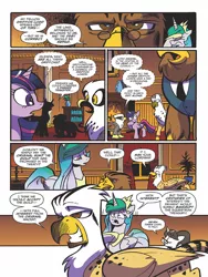 Size: 768x1024 | Tagged: safe, artist:andypriceart, derpibooru import, idw, glenda, lord gestal, lord goldstone, princess celestia, raven, twilight sparkle, twilight sparkle (alicorn), alicorn, gryphon, pony, spoiler:comic, spoiler:comic62, comic, diplomacy, facehoof, female, male, mare, official comic, preview, speech bubble, treaty