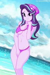 Size: 1253x1882 | Tagged: suggestive, artist:aboimages03, derpibooru import, starlight glimmer, equestria girls, mirror magic, spoiler:eqg specials, beach, beanie, belly button, bikini, breasts, clothes, cloud, female, hat, looking at you, sexy, shy, sky, smiling, solo, solo female, swimsuit, water