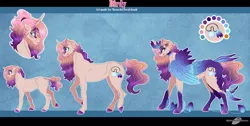 Size: 1800x908 | Tagged: safe, artist:bijutsuyoukai, derpibooru import, oc, oc:bird of paradise, unofficial characters only, pony, unicorn, magical lesbian spawn, male, offspring, parent:princess amore, parent:rarity, reference sheet, solo, stallion