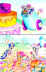 Size: 1032x1611 | Tagged: safe, artist:liaaqila, derpibooru import, edit, rainbow dash, scootaloo, twilight sparkle, twilight sparkle (alicorn), twilight velvet, alicorn, pegasus, pony, unicorn, :t, bipedal, cake, cannon, chest fluff, color porn, comic edit, commission, cute, derp, ear fluff, eating, eyestrain warning, fan, female, filly, fluffy, food, food fight, frown, glare, goggles, grin, gritted teeth, hoof over mouth, levitation, liaaqila is trying to murder us, magic, mare, messy, messy eating, mother and daughter, needs more saturation, open mouth, party cannon, pony cannonball, raised hoof, raised leg, scootalove, silly, silly pony, smiling, smirk, spread wings, telekinesis, this will end in tears, throwing, traditional art, underhoof, wide eyes, wings, worried