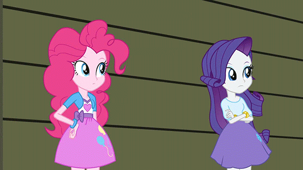 Size: 600x338 | Tagged: safe, derpibooru import, edit, edited screencap, editor:paragonaj, screencap, pinkie pie, rarity, equestria girls, animated, balloon, bracelet, clothes, exploitable meme, eye contact, female, frown, gif, grin, head tilt, holding, jewelry, keep calm, lesbian, looking at each other, meme, poster, raripie, reaction image, shipping, skirt, smiling, wide eyes