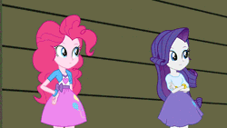 Size: 600x338 | Tagged: safe, derpibooru import, edit, edited screencap, editor:paragonaj, screencap, pinkie pie, rarity, equestria girls, animated, balloon, bracelet, clothes, exploitable meme, eye contact, frown, gif, grin, head tilt, holding, jewelry, looking at each other, meme, meme pending, poster, reaction image, skirt, smiling, wide eyes