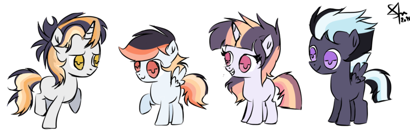Size: 1684x556 | Tagged: safe, artist:spectrumnightyt, derpibooru import, oc, oc:lunar shine, oc:sky light, oc:sunrays, oc:sunset sparkle, unofficial characters only, pegasus, pony, unicorn, colt, female, filly, male, siblings, simple background, transparent background