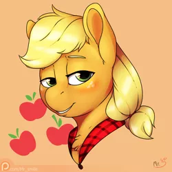 Size: 4000x4000 | Tagged: applejack, artist:mr.smile, blushing, bust, clothes, cutie mark, derpibooru import, flannel, looking at you, patreon, patreon logo, portrait, safe, simple background, smiling, solo