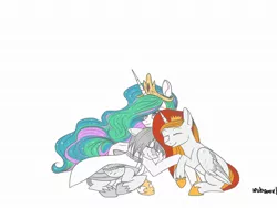 Size: 2000x1500 | Tagged: safe, derpibooru import, princess celestia, oc, oc:king phoenix, oc:light knight, alicorn, pegasus, pony, alicorn oc, armor, cape, celenix, clothes, crown, eyes closed, jewelry, lightestia, regalia, simple background, trio, white background