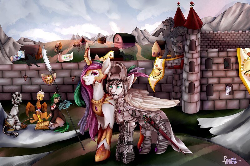 Size: 2560x1707 | Tagged: alvestia, derpibooru import, lightestia, oc, oc:alviss, oc:arno, oc:elios, oc:light knight, princess celestia, safe