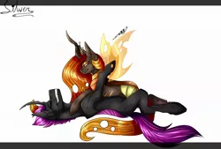 Size: 2130x1438 | Tagged: alternate version, artist needed, changeling, changeling king, changeling queen, changeling queen oc, derpibooru import, dorestia, female, male, oc, oc:king dorigan, oc x oc, orange changeling, princess celestia, purple changeling, safe, shipping, source needed, straight, unofficial characters only