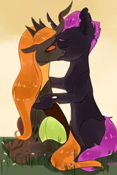 Size: 1100x1650 | Tagged: artist needed, changeling, changeling king, changeling oc, changeling queen, changeling queen oc, derpibooru import, dorestia, female, kissing, male, oc, oc:king dorigan, oc x oc, orange changeling, princess celestia, purple changeling, safe, shipping, source needed, straight, unofficial characters only