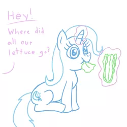 Size: 1024x1024 | Tagged: safe, artist:solarfm, derpibooru import, trixie, pony, unicorn, cute, dialogue, diatrixes, eating, female, food, glowing horn, implied starlight glimmer, inconvenient trixie, lettuce, levitation, magic, mare, offscreen character, simple background, sitting, solo, telekinesis, white background