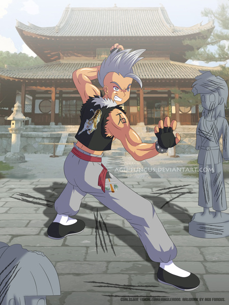 Size: 1125x1500 | Tagged: artist:agu-fungus, ass, clothes, commission, derpibooru import, fingerless gloves, gloves, human, humanized, humanized oc, kung fu, male, martial arts, midriff, muscles, oc, oc:coalstone, pants, safe, statue, temple, unofficial characters only