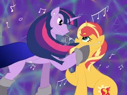 Size: 3264x2448 | Tagged: safe, artist:crimsonglow, derpibooru import, sunset shimmer, twilight sparkle, twilight sparkle (alicorn), alicorn, alternate costumes, cape, clothes, earbuds, female, heart, lesbian, looking at each other, music notes, older, shipping, smiling, sunsetsparkle