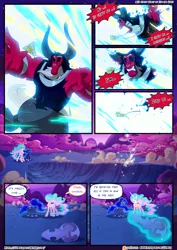 Size: 3500x4950 | Tagged: safe, artist:light262, artist:lummh, derpibooru import, lord tirek, princess celestia, princess luna, alicorn, pony, comic:timey wimey, blast, comic, defiant to the end, denial, dialogue, female, helmet, magic, magic blast, mare, royal sisters, speech bubble