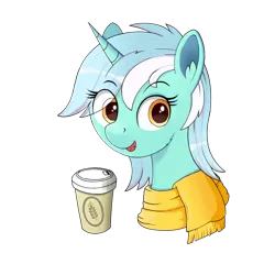 Size: 2048x2048 | Tagged: safe, artist:negasun, derpibooru import, lyra heartstrings, pony, unicorn, beverage, bust, clothes, cup, female, mare, portrait, scarf, simple background, smiling, soda can, solo, transparent background