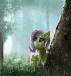 Size: 1009x1080 | Tagged: safe, artist:xbi, derpibooru import, fluttershy, pegasus, pony, crepuscular rays, dappled sunlight, female, forest, looking away, looking up, mare, raised hoof, scenery, solo, tree