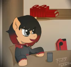 Size: 2012x1900 | Tagged: safe, artist:fisty-flatchestia, derpibooru import, ponified, pony, book, chair, clothes, crescent rose, crossover, cup, digital art, ruby rose, rwby, table