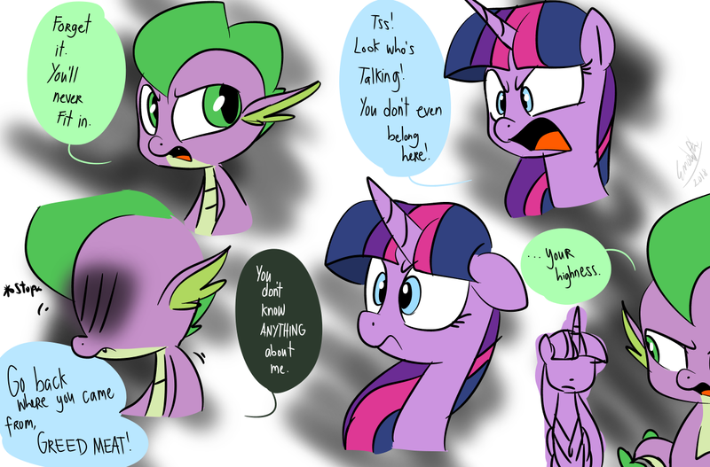 Size: 1214x800 | Tagged: safe, artist:emositecc, derpibooru import, spike, twilight sparkle, twilight sparkle (alicorn), alicorn, dragon, pony, comic:sparkle, alternate eye color, alternate universe, blue eyes, comic, dialogue, green eyes, horn