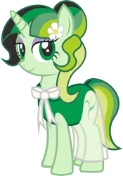 Size: 4529x6464 | Tagged: safe, artist:alphatea, derpibooru import, oc, oc:alpha tea, oc:caca yasmina, unofficial characters only, unicorn, absurd resolution, clothes, dress, female, flirting, green, green eyes, jasmine, mare, necktie, new, new cutie mark, ribbon, rule 63, simple background, smiling, standing, teasing, transparent background