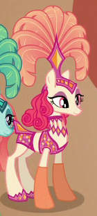 Size: 140x312 | Tagged: safe, derpibooru import, screencap, emerald flare, sunset circus, earth pony, pony, viva las pegasus, background pony, burlesque, clothes, costume, cropped, female, mare, offscreen character, show mares, showgirl