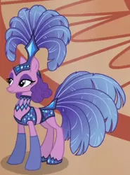 Size: 232x313 | Tagged: safe, derpibooru import, screencap, sapphire sequins, earth pony, pony, viva las pegasus, background pony, burlesque, clothes, costume, cropped, female, mare, show mares, showgirl, solo