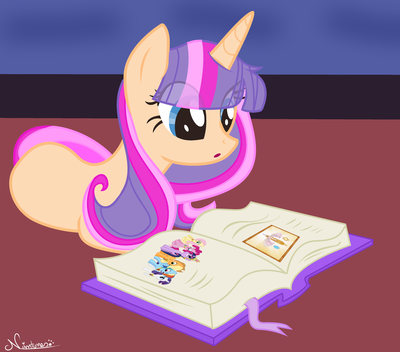 Size: 400x352 | Tagged: safe, artist:nini-the-angel-kitty, derpibooru import, applejack, fluttershy, pinkie pie, rainbow dash, rarity, twilight sparkle, oc, oc:destiny sparkle, pony, unicorn, base used, book, female, magical lesbian spawn, mane six, mare, offspring, parent:fluttershy, parent:twilight sparkle, parents:twishy, prone, solo focus