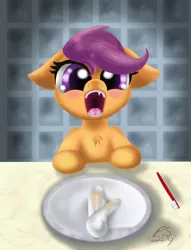 Size: 1300x1700 | Tagged: safe, artist:jonnysalami, derpibooru import, scootaloo, pegasus, pony, vampire, fangs, female, filly, mirror, open mouth, solo, toothbrush