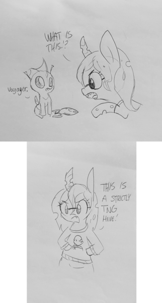 Size: 1449x2702 | Tagged: safe, artist:tjpones, derpibooru import, queen chrysalis, changeling, changeling queen, angry, bipedal, comic, cuteling, dialogue, dork, dorkalis, duo, glasses, grayscale, jean-luc picard, lineart, monochrome, nerd, pointing, sitting, spaceship, star trek, star trek: the next generation, star trek: voyager, toy, traditional art, voyager