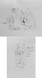Size: 1449x2702 | Tagged: safe, artist:tjpones, derpibooru import, queen chrysalis, changeling, changeling queen, angry, bipedal, comic, cuteling, dialogue, dork, dorkalis, duo, glasses, grayscale, jean-luc picard, lineart, monochrome, nerd, pointing, sitting, spaceship, star trek, star trek: the next generation, star trek: voyager, toy, traditional art, voyager