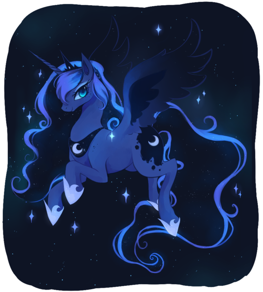 Size: 848x942 | Tagged: safe, artist:artghst, derpibooru import, princess luna, alicorn, pony, female, flying, looking at you, mare, smiling, solo, space, spread wings, wings