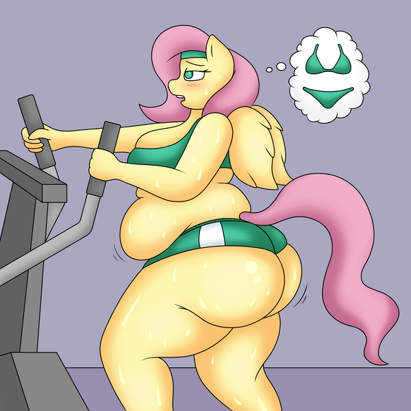 Size: 3000x3000 | Tagged: anthro, artist:lordstormcaller, ass, belly, big belly, blushing, bra, breasts, clothes, derpibooru import, exercise, fat, fattershy, female, flutterbutt, fluttershy, headband, large butt, need to go on a diet, need to lose weight, obese, open mouth, panties, panting, part of a set, pictogram, solo, solo female, suggestive, sweat, thought bubble, treadmill, underwear