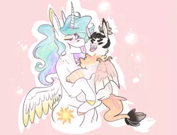 Size: 753x575 | Tagged: safe, artist:m00n-fruit, derpibooru import, princess celestia, oc, oc:apollo eris casseopia, alicorn, hybrid, pony, colored wings, colored wingtips, cuddling, curved horn, cute, cutelestia, female, holding, interspecies offspring, licking, male, momlestia, mother and son, ocbetes, offspring, parent:discord, parent:princess celestia, parents:dislestia, sillestia, silly, tongue out