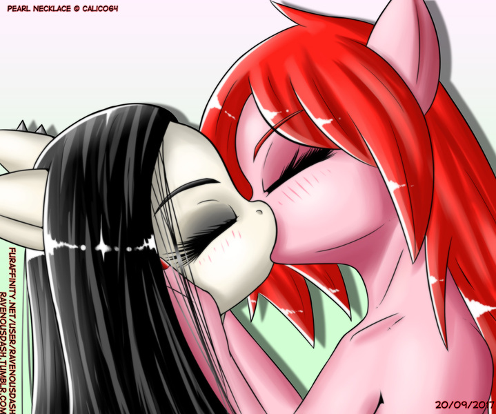 Size: 1280x1068 | Tagged: safe, artist:ravenousdash, derpibooru import, oc, oc:death metal, oc:pearl necklace, unofficial characters only, anthro, earth pony, black hair, blushing, ear piercing, eyes closed, eyeshadow, female, i love you, kissing, lesbian, love, makeup, nail polish, piercing, ranchtown, red hair, romance, romantic, shipping, simple background