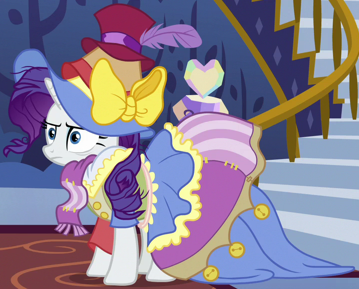 Size: 717x578 | Tagged: safe, derpibooru import, screencap, rarity, pony, unicorn, fame and misfortune, clothes, cropped, dress, female, hat, mare, outfit catalog, solo, stress couture