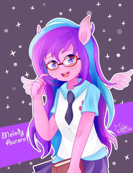 Size: 1080x1400 | Tagged: safe, artist:pika-chany, derpibooru import, oc, oc:melody aurora, unofficial characters only, equestria girls, book, clothes, cute, equestria girls-ified, glasses, moe, ocbetes, offspring, parent:flash sentry, parent:twilight sparkle, parents:flashlight, signature, skirt, spectacles, wings