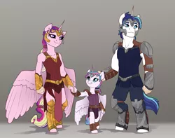 Size: 1024x808 | Tagged: safe, artist:joan-grace, derpibooru import, princess cadance, princess flurry heart, shining armor, anthro, unguligrade anthro, alternate universe, armor, bipedal, clothes, family, flurry heart pearl of battle, older, rebellion, story in the source, story included