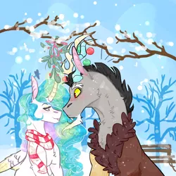 Size: 3000x3000 | Tagged: safe, artist:m00n-fruit, derpibooru import, discord, princess celestia, blushing, christmas, christmas ornament, clothes, curved horn, decoration, dislestia, female, holiday, magic, male, mistletoe, ornament, pulling, scarf, shipping, snow, snowfall, straight, telekinesis