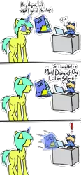 Size: 1431x3090 | Tagged: safe, artist:aquaholicsanonymous, derpibooru import, oc, oc:aquaholic, oc:minty flair, unofficial characters only, unicorn, box, computer, desk, dialogue, drawing, drone, female, glowing horn, joke, laptop computer, magic, male, mare, simple background, stallion, tablet, telekinesis, terrible joke, throwing, transparent background